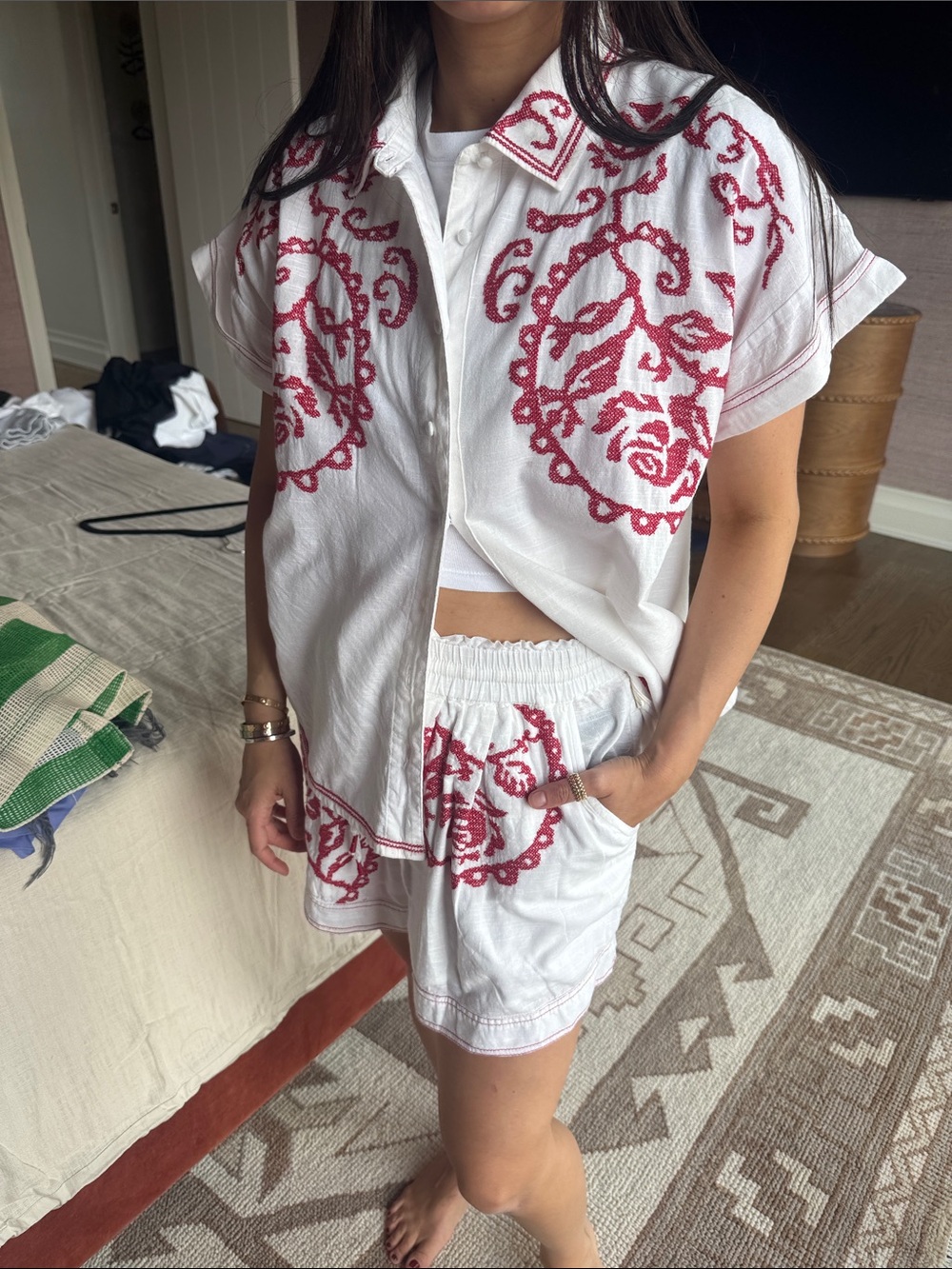Free People White Button-Down Shirt with Red Embroidered Motif